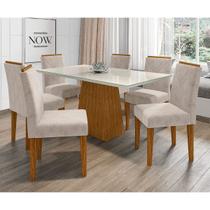 Conjunto Mesa de Jantar Jasmin 1,60m Tampo de Madeira com Vidro Colado com 6 Cadeiras Amanda Cor Ypê Offwhite WD22 New Ceval