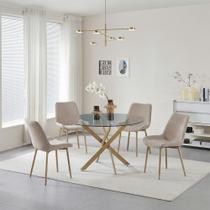 Conjunto Mesa de Jantar Lara 120cm Vidro Redondo Aço Carbono Bronze Chic 4 Cadeiras em Linho - Bege Conjunto Mesa de Jantar Lara 120cm Vidro Redondo Aço Carbono Bronze Chic 4 Cadeiras em Linho - Bege