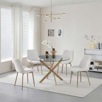 Conjunto Mesa de Jantar Lara 120cm Vidro Redondo Aço Carbono Bronze Chic 4 Cadeiras em Linho - Cru Conjunto Mesa de Jantar Lara 120cm Vidro Redondo Aço Carbono Bronze Chic 4 Cadeiras em Linho - Cru