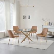 Conjunto Mesa de Jantar Lara 120cm Vidro Redondo Aço Carbono Bronze Chic 4 Cadeiras em Pu - Caramelo Conjunto Mesa de Jantar Lara 120cm Vidro Redondo Aço Carbono Bronze Chic 4 Cadeiras em Pu - Caramelo
