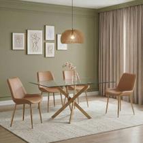 Conjunto Mesa de Jantar Lara 160cm Vidro 10mm Base Aço Carbono Bronze com 4 Cadeiras Pu - Caramelo