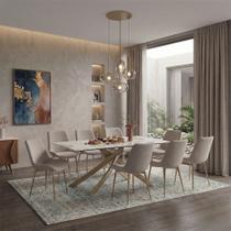 Conjunto Mesa de Jantar Lara 180cm Cerâmica Base Aço Carbono Bronze com 8 Cadeiras Linho - Bege Conjunto Mesa de Jantar Lara 180cm Cerâmica Base Aço Carbono Bronze com 8 Cadeiras Linho - Bege