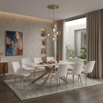 Conjunto Mesa de Jantar Lara 180cm Cerâmica Base Aço Carbono Bronze com 8 Cadeiras Linho Sala - Cru Conjunto Mesa de Jantar Lara 180cm Cerâmica Base Aço Carbono Bronze com 8 Cadeiras Linho Sala - Cru