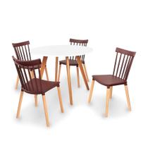 Conjunto Mesa de Jantar Laura 100cm Branca com 4 Cadeiras Windsor - Marrom