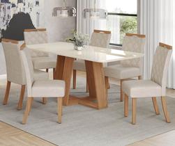 Conjunto Mesa de Jantar Lins com Vidro e 6 Cadeiras Bella Henn - Nature/Off White/Linho
