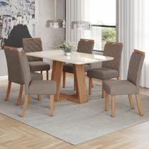 Conjunto Mesa de Jantar Lins com Vidro e 6 Cadeiras Bella Henn - Nature/Off White/Marrom Amêndoa Conjunto Mesa de Jantar Lins com Vidro e 6 Cadeiras Bella Henn - Nature/Off White/Marrom Amêndoa