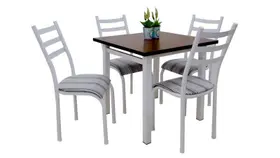 Conjunto Mesa de Jantar Liz 80cm X 80cm em aço pés quadrados com 4 cadeiras cor branca assento listrado tampo MADEIRA cozinha