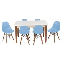 Conjunto Mesa de Jantar Luiza 135cm Branca com 6 Cadeiras Eames Eiffel - Azul Claro