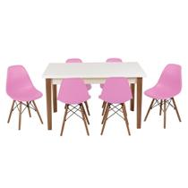 Conjunto Mesa de Jantar Luiza 135cm Branca com 6 Cadeiras Eames Eiffel - Rosa