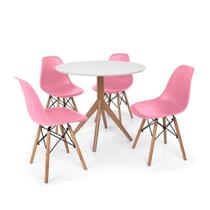 Conjunto Mesa de Jantar Maitê 80cm Branca com 4 Cadeiras Charles Eames - Rosa