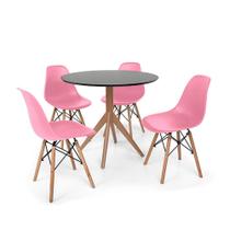 Conjunto Mesa de Jantar Maitê 80cm Preta com 4 Cadeiras Charles Eames - Rosa