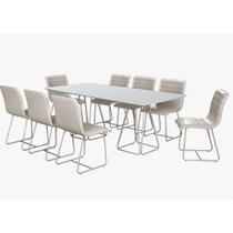 Conjunto Mesa de Jantar Milão Off White com 8 Cadeiras Cristal Couro Pérola Metal Champanhe - C&M Decor