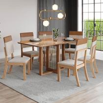 Conjunto Mesa de Jantar Natalí com Vidro e 6 Cadeiras Milla Plus Henn - Nature/Corano Caramelo/Creme