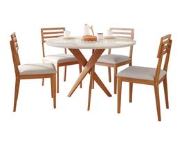 Conjunto Mesa de Jantar Olinda Redonda 109cm Tampo Vidro Off White 4 Cadeiras Canela Madeira Estofado Linho Cinza
