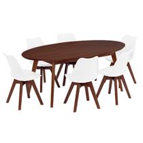 Conjunto Mesa de Jantar Oval Vértice 190cm Nozes com 6 Cadeiras Leda em Madeira Maciça - Branco