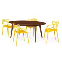 Conjunto Mesa de Jantar Oval Vértice Nozes 190cm com 4 Cadeiras Allegra - Amarelo - Madebal