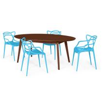 Conjunto Mesa de Jantar Oval Vértice Nozes 190cm com 4 Cadeiras Allegra - Azul