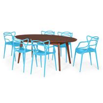 Conjunto Mesa de Jantar Oval Vértice Nozes 190cm com 6 Cadeiras Allegra - Azul