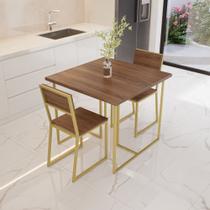 Conjunto Mesa de Jantar Quadrada 2 Cadeiras Imbuia Riviera Industrial Dourado