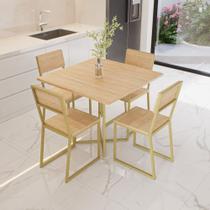 Conjunto Mesa de Jantar Quadrada 4 Cadeiras Pinus Riviera Industrial Dourado