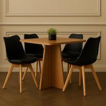 Conjunto Mesa de Jantar Quadrada 90cm com 4 Cadeiras Pretas Pés de Madeira Design Moderno e Sofisticado