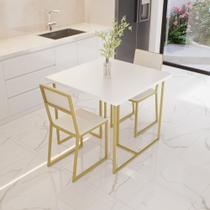 Conjunto Mesa de Jantar Quadrada Branca 2 Cadeiras Estofado Riviera Industrial Dourado Conjunto Mesa de Jantar Quadrada Branca 2 Cadeiras Estofado Riviera Industrial Dourado