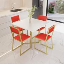 Conjunto Mesa de Jantar Quadrada Branca 4 Cadeiras Estofado Riviera Industrial Dourado