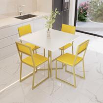 Conjunto Mesa de Jantar Quadrada Branca 4 Cadeiras Estofado Riviera Industrial Dourado