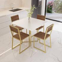 Conjunto Mesa de Jantar Quadrada Branca 4 Cadeiras Imbuia Riviera Industrial Dourado