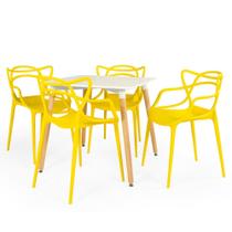 Conjunto Mesa de Jantar Quadrada Eiffel Branca 80x80cm com 4 Cadeiras Allegra - Amarelo