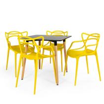 Conjunto Mesa de Jantar Quadrada Eiffel Preta 80x80cm com 4 Cadeiras Allegra - Amarelo