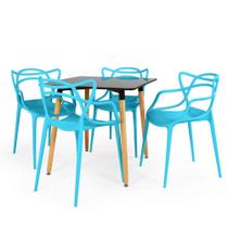 Conjunto Mesa de Jantar Quadrada Eiffel Preta 80x80cm com 4 Cadeiras Allegra - Azul