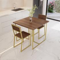 Conjunto Mesa de Jantar Quadrada Imbuia 2 Cadeiras Estofado Riviera Industrial Dourado Conjunto Mesa de Jantar Quadrada Imbuia 2 Cadeiras Estofado Riviera Industrial Dourado