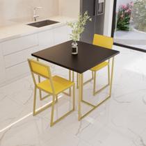 Conjunto Mesa de Jantar Quadrada Preta 2 Cadeiras Estofado Riviera Industrial Dourado