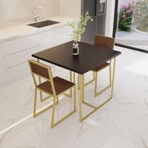 Conjunto Mesa de Jantar Quadrada Preta 2 Cadeiras Estofado Riviera Industrial Dourado