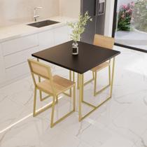 Conjunto Mesa de Jantar Quadrada Preta 2 Cadeiras Pinus Riviera Industrial Dourado - Don Castro Decor