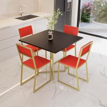 Conjunto Mesa de Jantar Quadrada Preta 4 Cadeiras Estofado Riviera Industrial Dourado