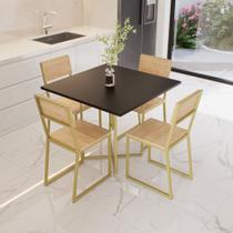 Conjunto Mesa de Jantar Quadrada Preta 4 Cadeiras Pinus Riviera Industrial Dourado - Don Castro Decor