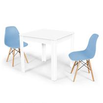 Conjunto Mesa de Jantar Quadrada Sofia Branca 80x80cm com 2 Cadeiras Eames Eiffel - Azul Claro