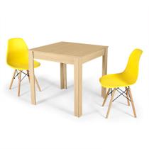 Conjunto Mesa de Jantar Quadrada Sofia Natural 80x80cm com 2 Cadeiras Eames Eiffel - Amarelo