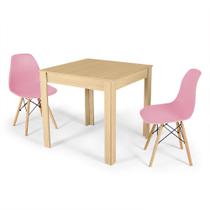 Conjunto Mesa de Jantar Quadrada Sofia Natural 80x80cm com 2 Cadeiras Eames Eiffel - Rosa