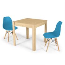 Conjunto Mesa de Jantar Quadrada Sofia Natural 80x80cm com 2 Cadeiras Eames Eiffel - Turquesa