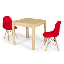 Conjunto Mesa de Jantar Quadrada Sofia Natural 80x80cm com 2 Cadeiras Eames Eiffel - Vermelho