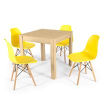 Conjunto Mesa de Jantar Quadrada Sofia Natural 80x80cm com 4 Cadeiras Eames Eiffel - Amarelo