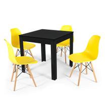 Conjunto Mesa de Jantar Quadrada Sofia Preta 80x80cm com 4 Cadeiras Eames Eiffel - Amarelo