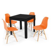 Conjunto Mesa de Jantar Quadrada Sofia Preta 80x80cm com 4 Cadeiras Eames Eiffel - Laranja