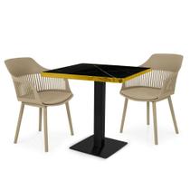 Conjunto Mesa de Jantar Quadrada Venezia 70x70cm Preta com 2 Cadeiras Estofadas Marcela - Nude Escuro
