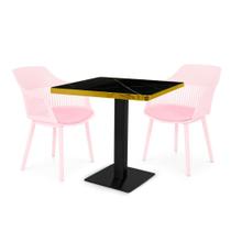 Conjunto Mesa de Jantar Quadrada Venezia 70x70cm Preta com 2 Cadeiras Estofadas Marcela - Rosa