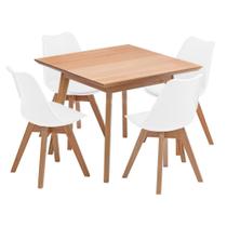 Conjunto Mesa de Jantar Quadrada Vértice 90cm Natural com 4 Cadeiras Leda em Madeira Maciça - Branco