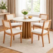 Conjunto Mesa de Jantar Redonda 4 Cadeiras Encosto Tela 100% MDF Branco Bege Dalla Costa